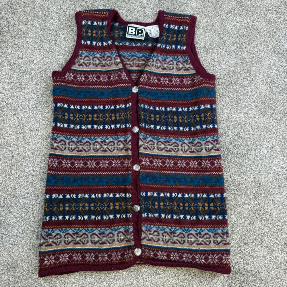 BP Nordstrom Vintage Wool Fair Isle Sweater Vest Burgundy Teal Small